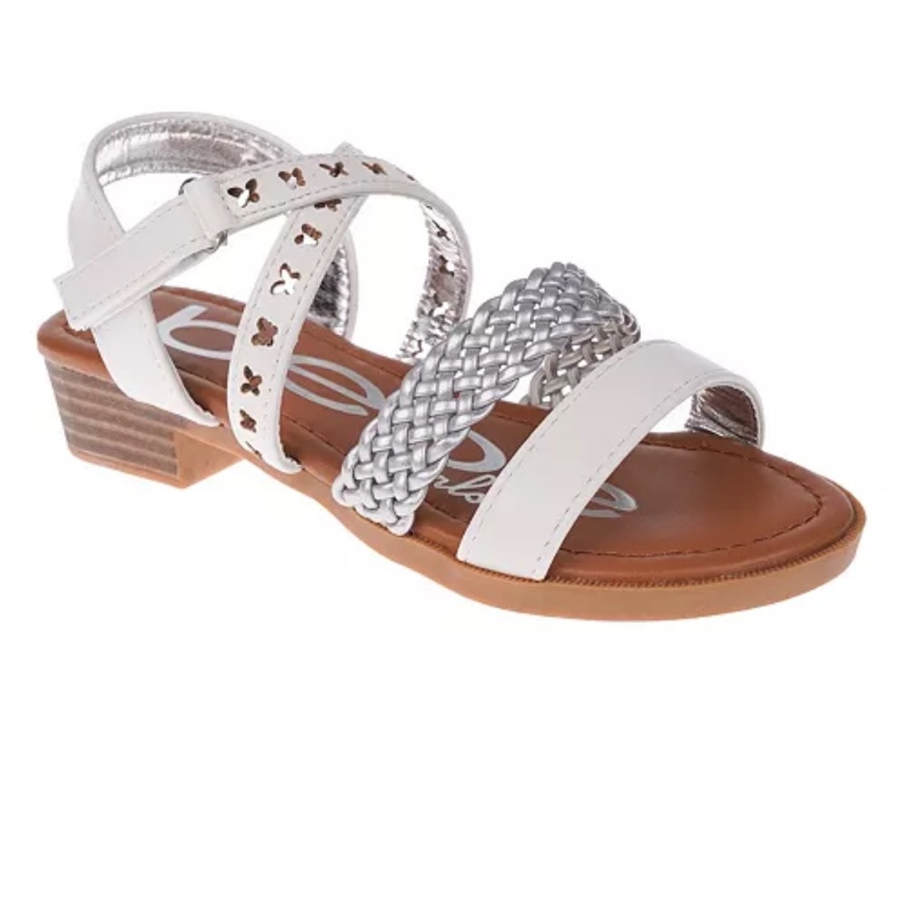 Bebe Girls Stack Heel Sandal with Metallic Weaved Strap and Butterfly Chop Out